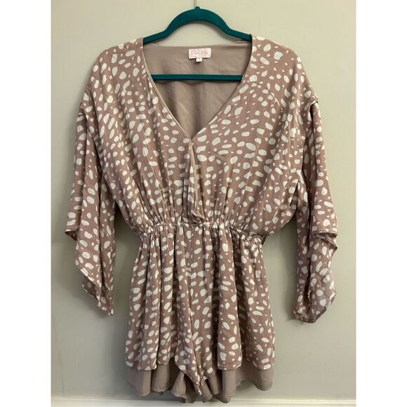 Pink Lily Polka Dot Romper Size S Taupe GUC - Picture 2 of 12